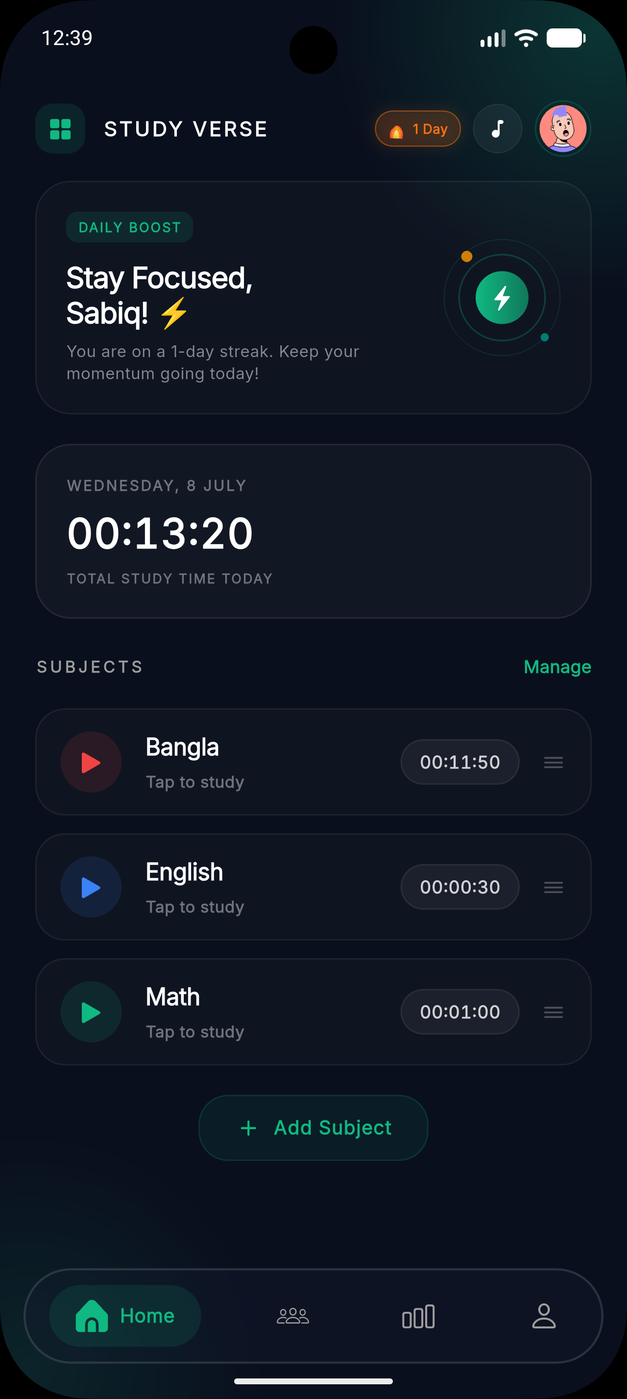StudyVerse Workspace Mobile App Screen